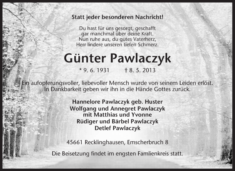  Traueranzeige für Günter Pawlaczyk vom 13.05.2013 aus Medienhaus Bauer