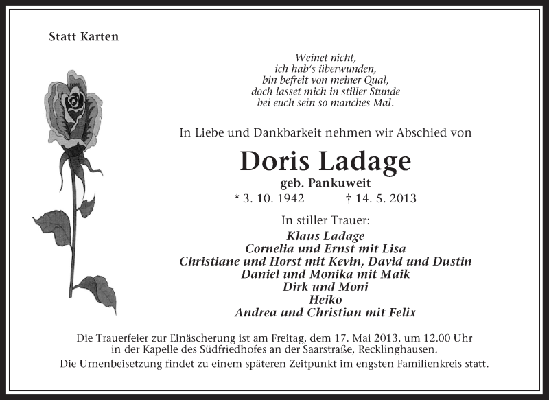  Traueranzeige für Doris Ladage vom 16.05.2013 aus Medienhaus Bauer