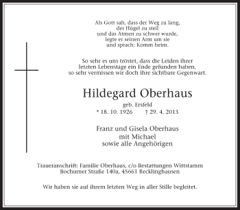 Traueranzeige von Hildegard Oberhaus von Medienhaus Bauer