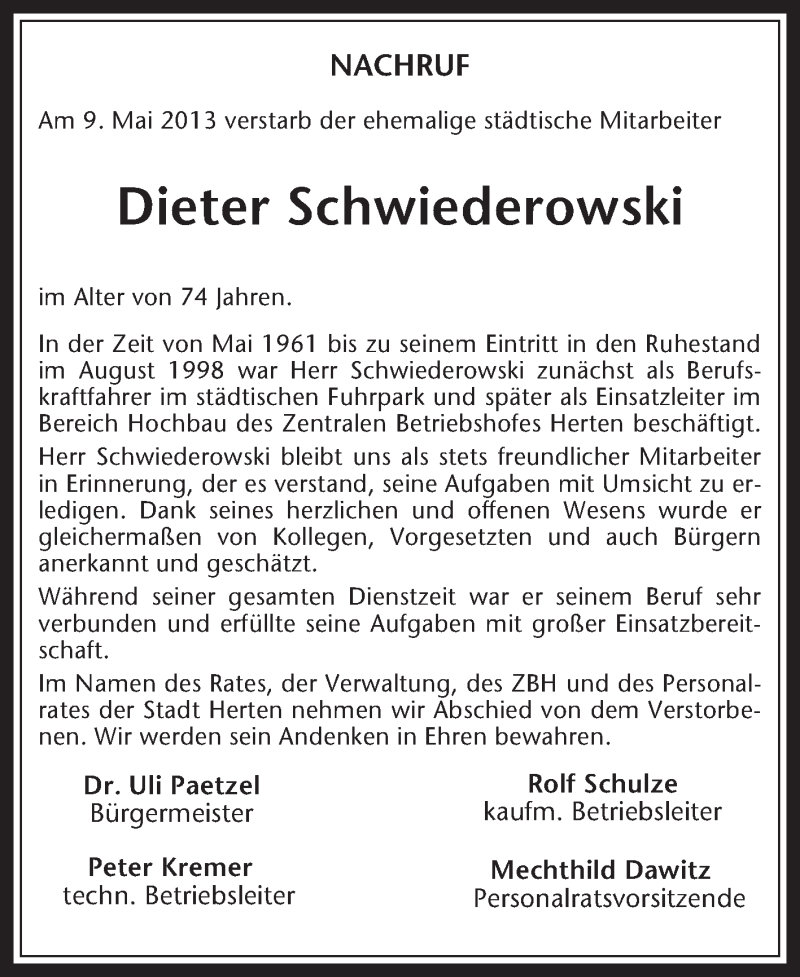  Traueranzeige für Dieter Schwiederowski vom 17.05.2013 aus Medienhaus Bauer