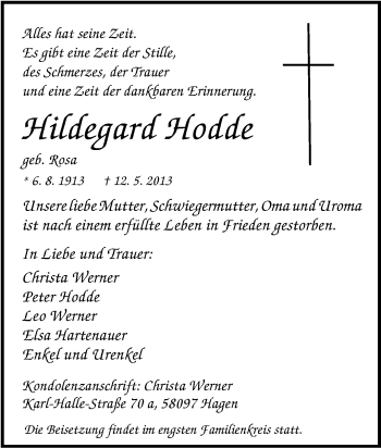 Traueranzeige von Hildegard Hodde von Medienhaus Bauer