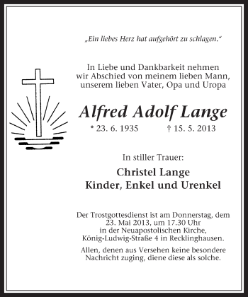 Traueranzeige von Alfred Adolf Lange von Medienhaus Bauer