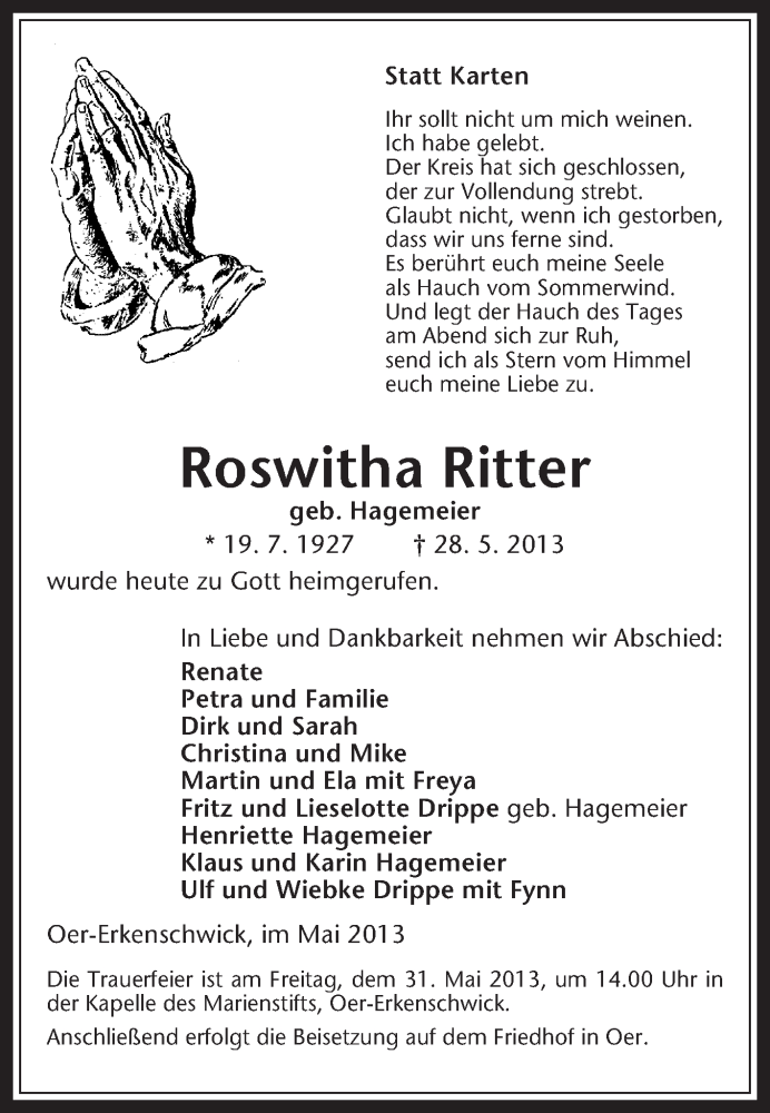 Traueranzeigen von Roswitha Ritter