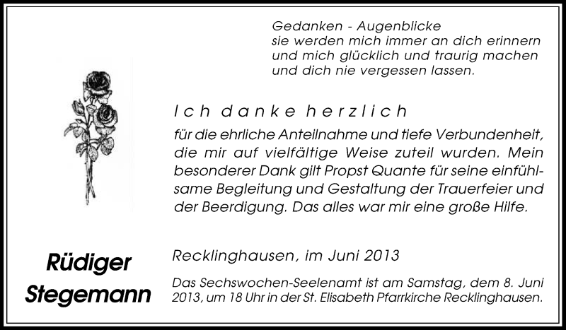  Traueranzeige für Rüdiger Stegemann vom 04.06.2013 aus Medienhaus Bauer