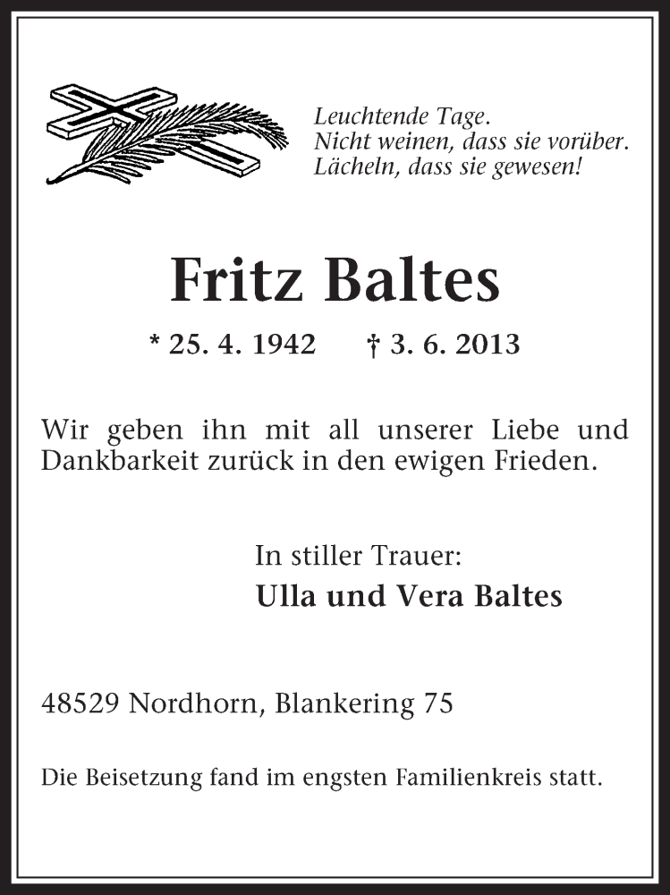  Traueranzeige für Fritz Baltes vom 10.06.2013 aus Medienhaus Bauer