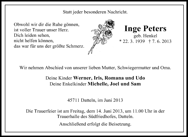  Traueranzeige für Inge Peters vom 11.06.2013 aus Medienhaus Bauer
