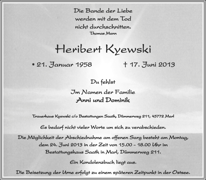  Traueranzeige für Heribert Kyewski vom 20.06.2013 aus Medienhaus Bauer