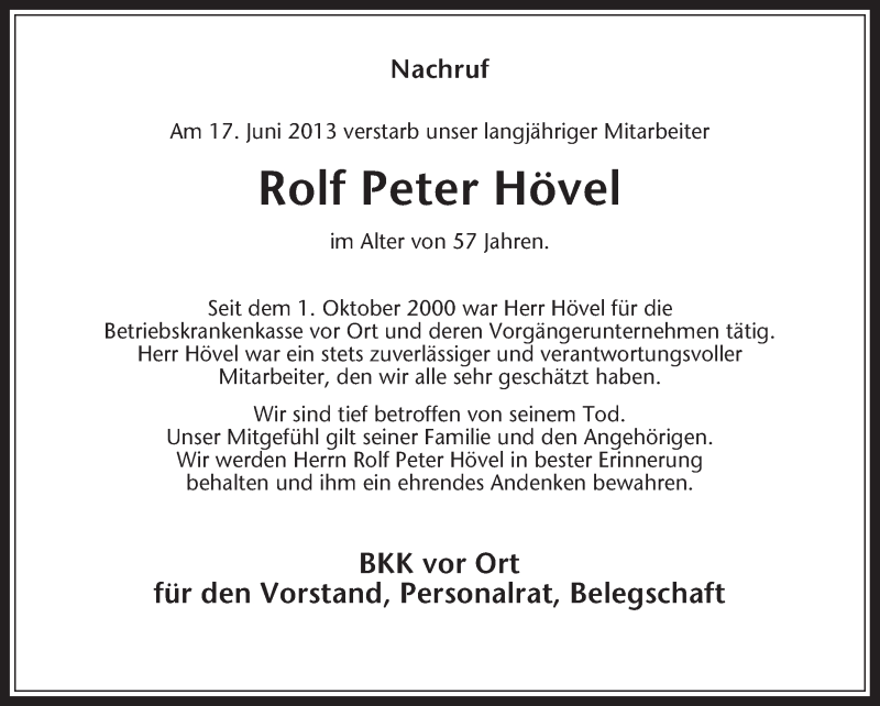  Traueranzeige für Rolf Peter Hövel vom 21.06.2013 aus Medienhaus Bauer