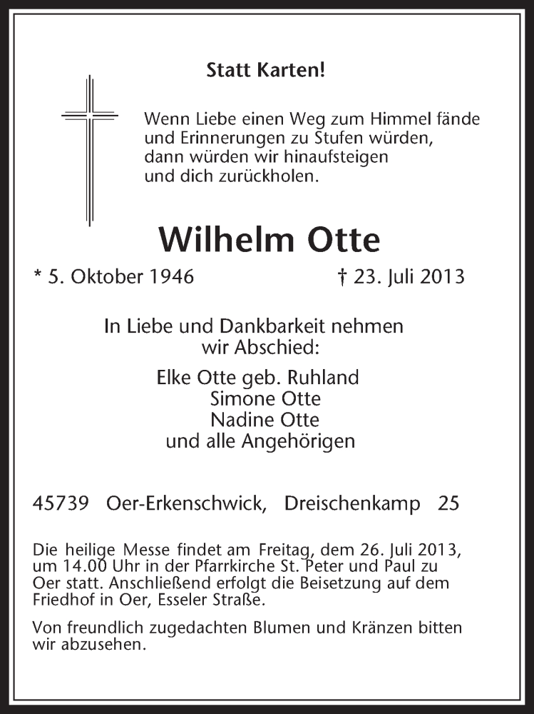  Traueranzeige für Wilhelm Otte vom 24.07.2013 aus Medienhaus Bauer