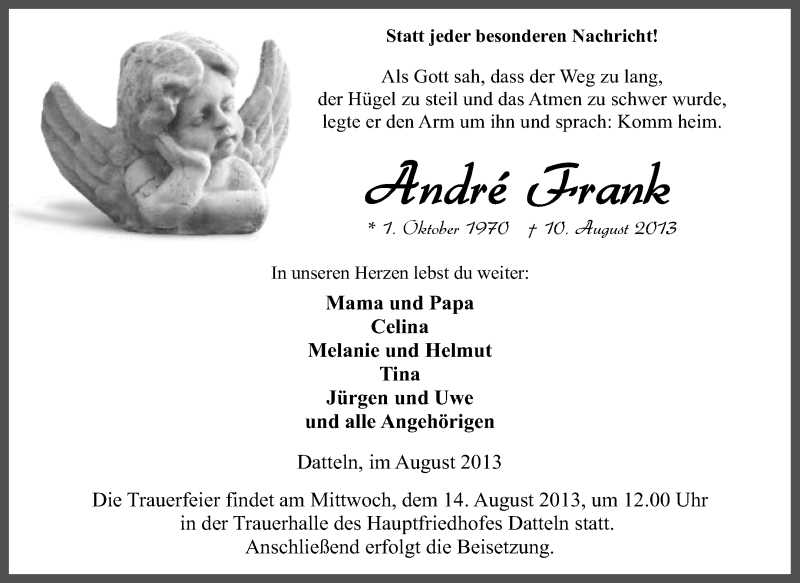  Traueranzeige für Andre Frank vom 13.08.2013 aus Medienhaus Bauer