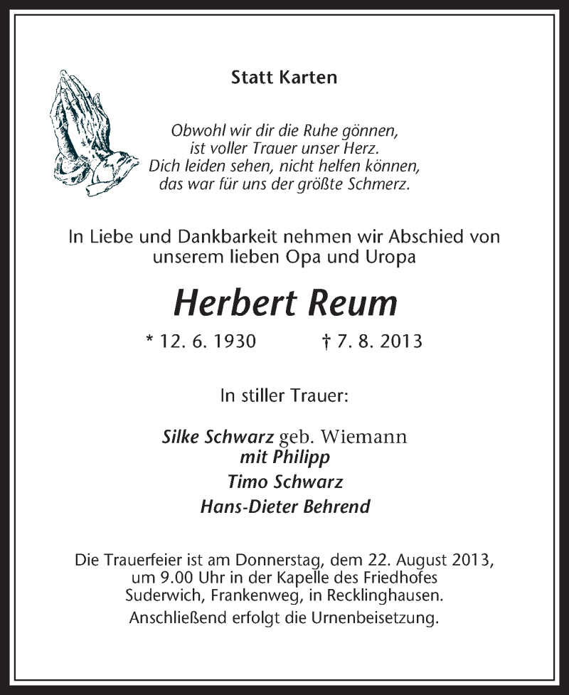 Traueranzeige für Herbert Reum vom 19.08.2013 aus Medienhaus Bauer