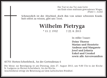 Traueranzeige von Wilhelm Pietryga von Medienhaus Bauer