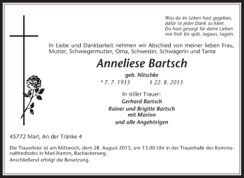 Traueranzeige von Anneliese Bartsch von Medienhaus Bauer