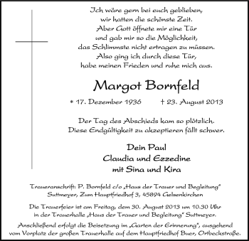 Traueranzeige von Margot Bornfeld von Medienhaus Bauer