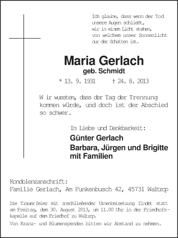 Traueranzeige von Maria Gerlach von Medienhaus Bauer