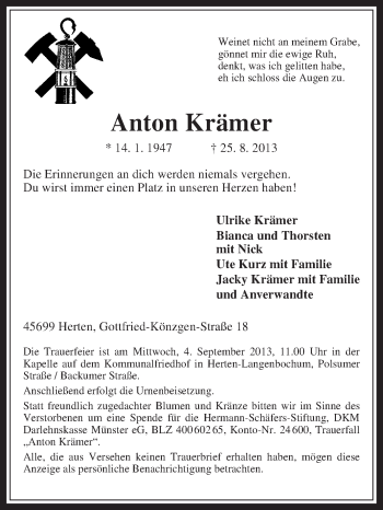 Traueranzeige von Anton Krämer von Medienhaus Bauer