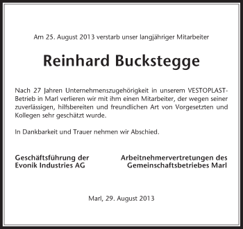 Traueranzeige von Reinhard Buckstegge von Medienhaus Bauer