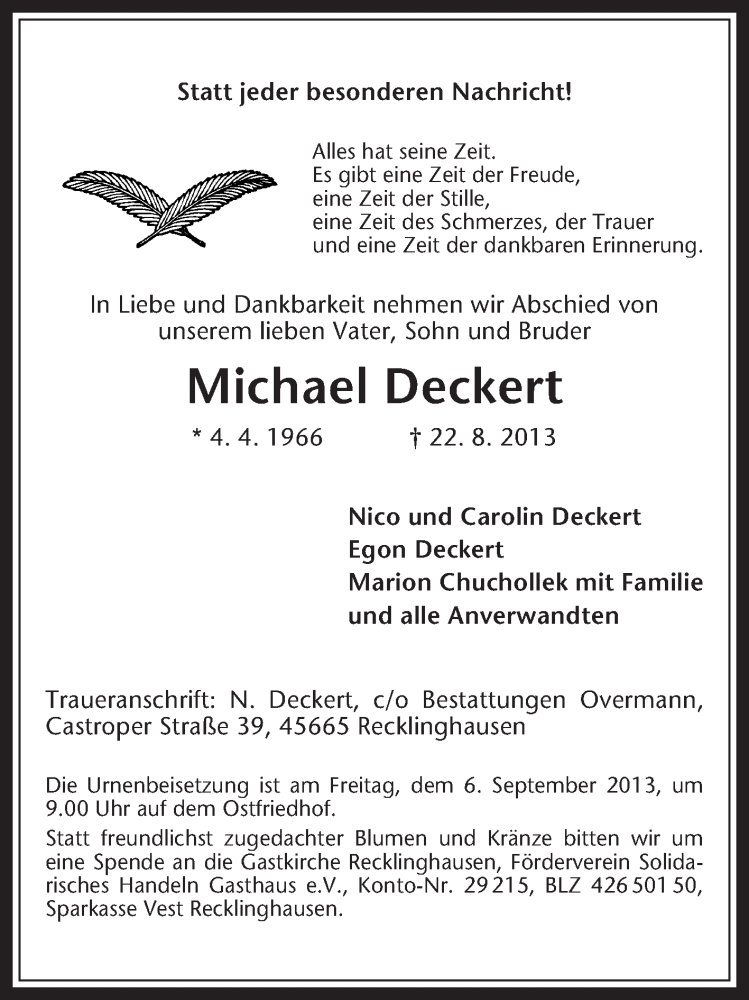  Traueranzeige für Michael Deckert vom 31.08.2013 aus Medienhaus Bauer