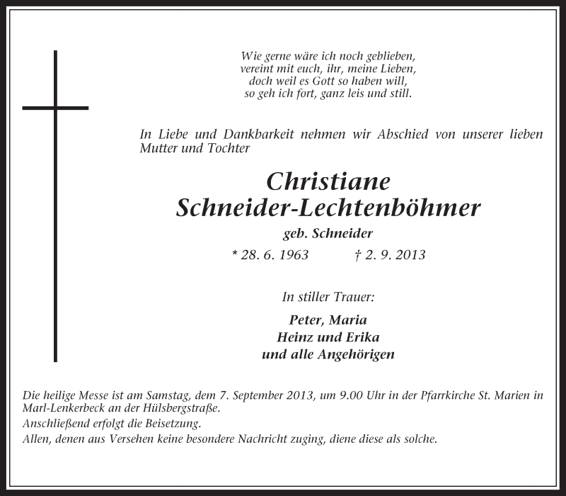  Traueranzeige für Christiane Schneider-Lechtenböhmer vom 05.09.2013 aus Medienhaus Bauer