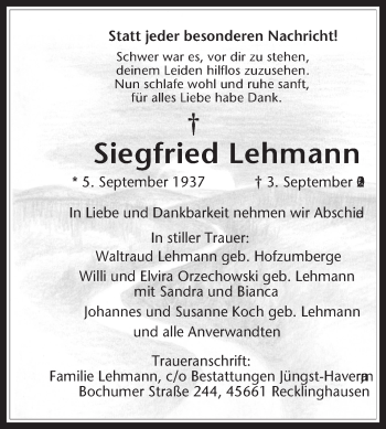 Traueranzeige von Siegfried Lehmann von Medienhaus Bauer