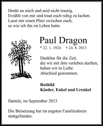 Traueranzeige von Paul Dragon von Medienhaus Bauer