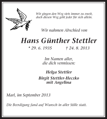 Traueranzeige von Hans Günther Stettler von Medienhaus Bauer