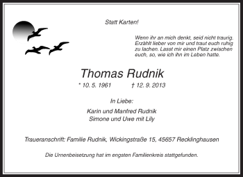 Traueranzeigen von Thomas Rudnik | sich-erinnern.de