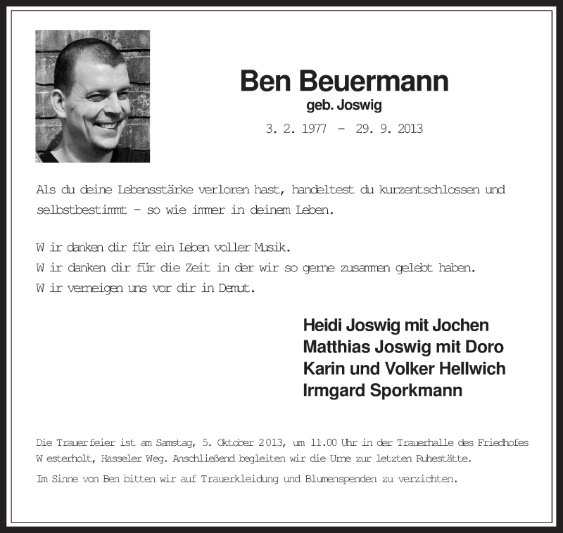  Traueranzeige für Ben Beuermann vom 03.10.2013 aus Medienhaus Bauer