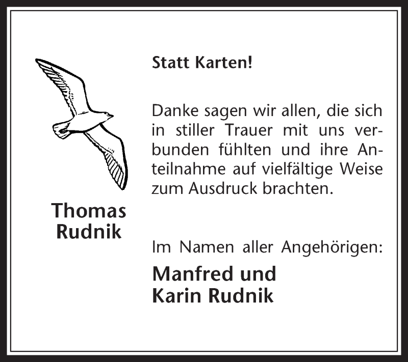 Traueranzeigen von Thomas Rudnik | sich-erinnern.de