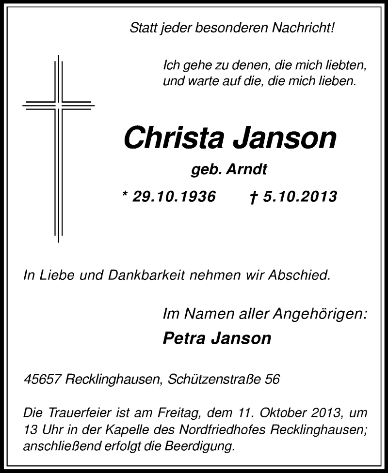  Traueranzeige für Christa Janson vom 08.10.2013 aus Medienhaus Bauer
