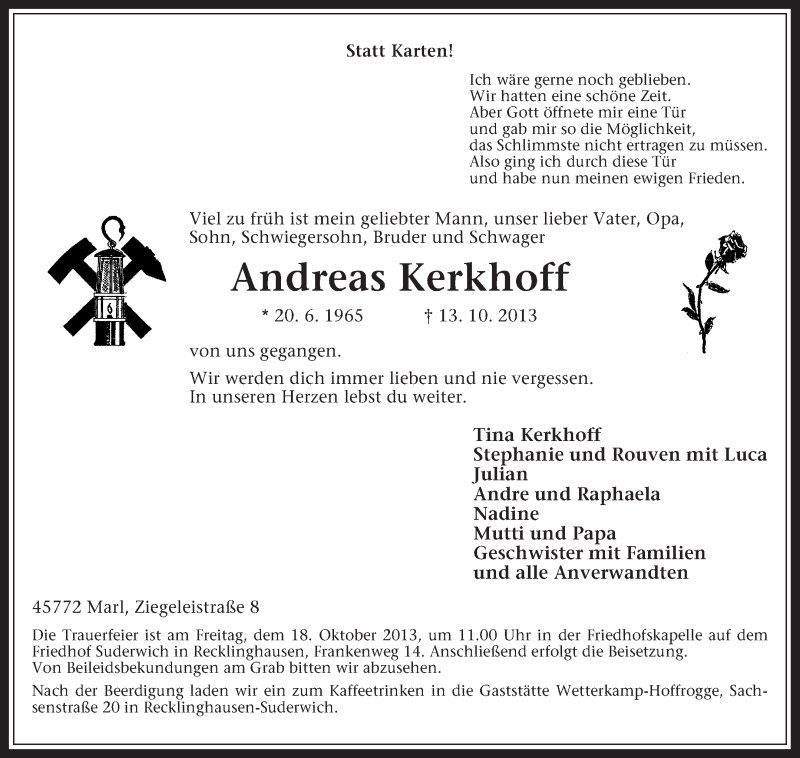  Traueranzeige für Andreas Kerkhoff vom 16.10.2013 aus Medienhaus Bauer