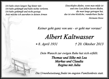 Traueranzeige von Albert Kaltwasser von Medienhaus Bauer