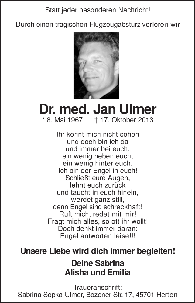  Traueranzeige für Jan Ulmer vom 26.10.2013 aus Medienhaus Bauer