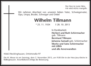 Traueranzeige von Wilhelm Tillmann von Medienhaus Bauer