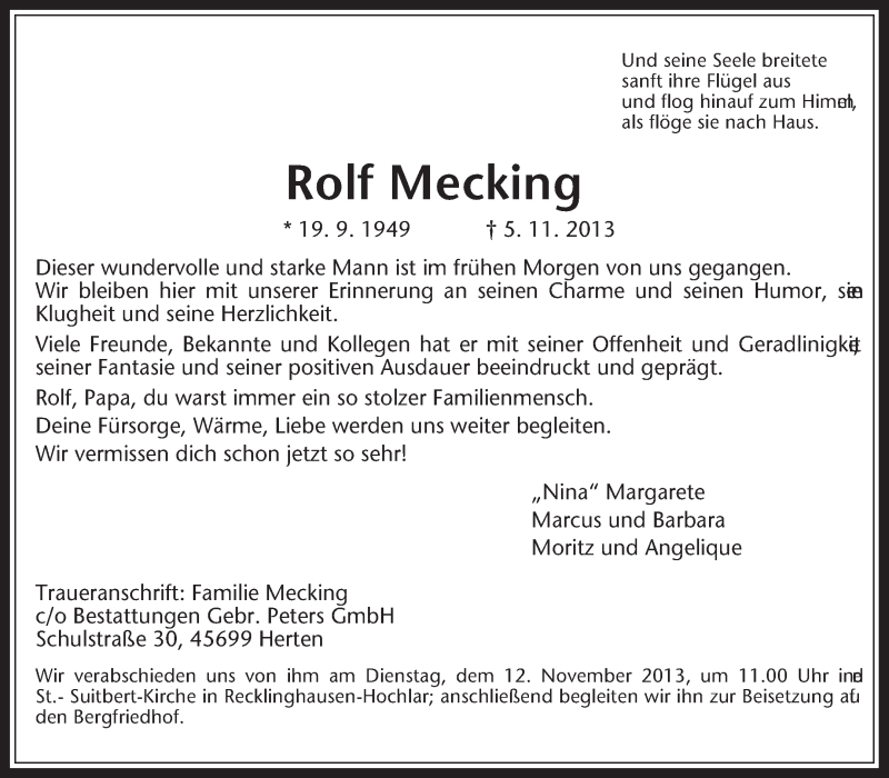  Traueranzeige für Rolf Mecking vom 08.11.2013 aus Medienhaus Bauer