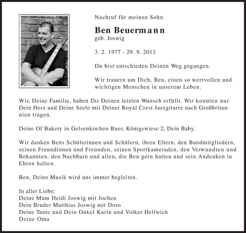  Traueranzeige für Ben Beuermann vom 08.11.2013 aus Medienhaus Bauer
