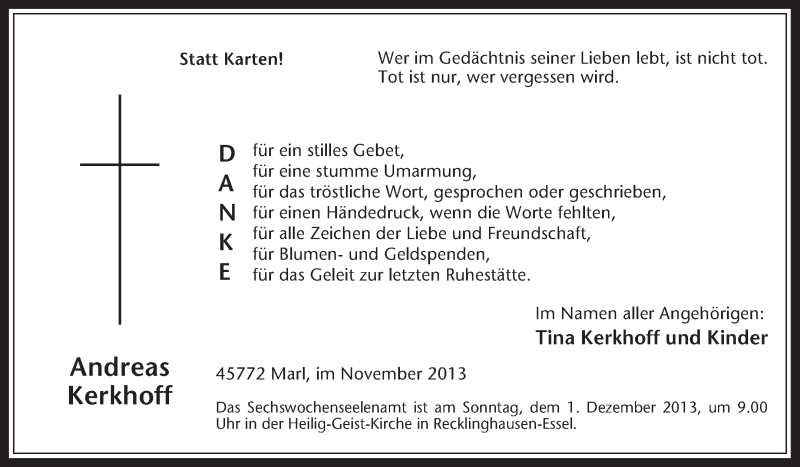 Traueranzeige für Andreas Kerkhoff vom 23.11.2013 aus Medienhaus Bauer