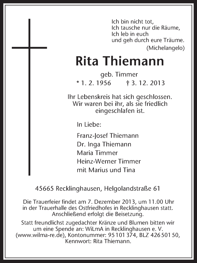  Traueranzeige für Rita Thiemann vom 05.12.2013 aus Medienhaus Bauer