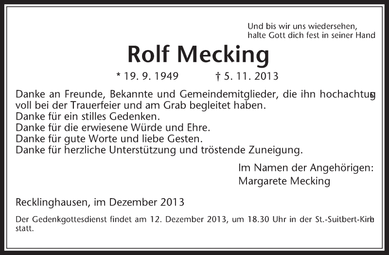  Traueranzeige für Rolf Mecking vom 07.12.2013 aus Medienhaus Bauer