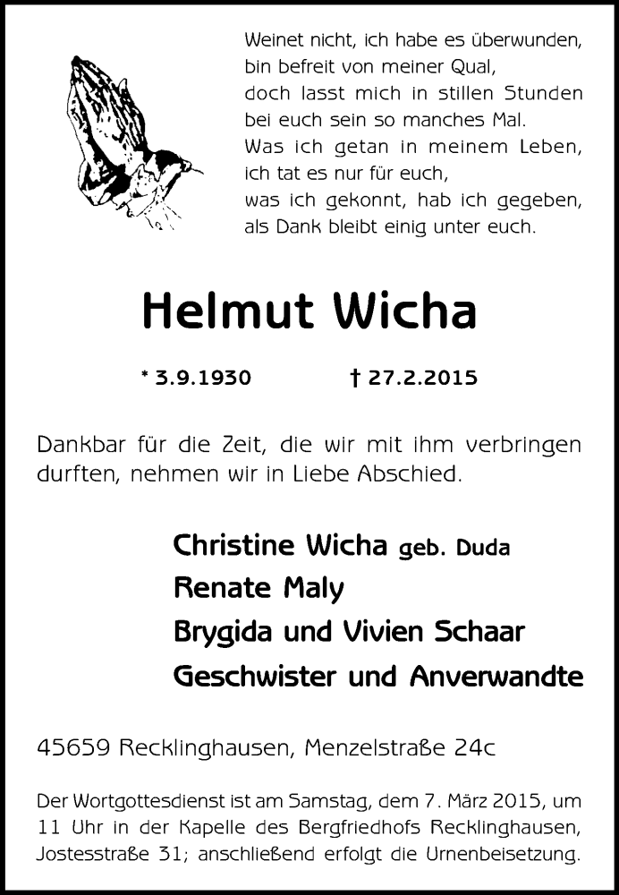  Traueranzeige für Helmut Wicha vom 03.03.2015 aus Medienhaus Bauer