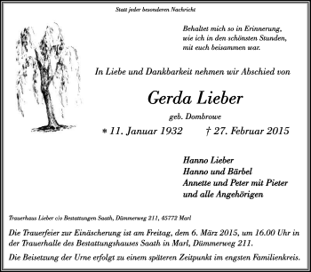 Traueranzeige von Gerda Lieber von Medienhaus Bauer