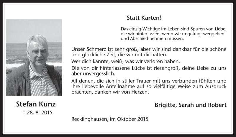  Traueranzeige für Stefan Kunz vom 09.10.2015 aus Medienhaus Bauer