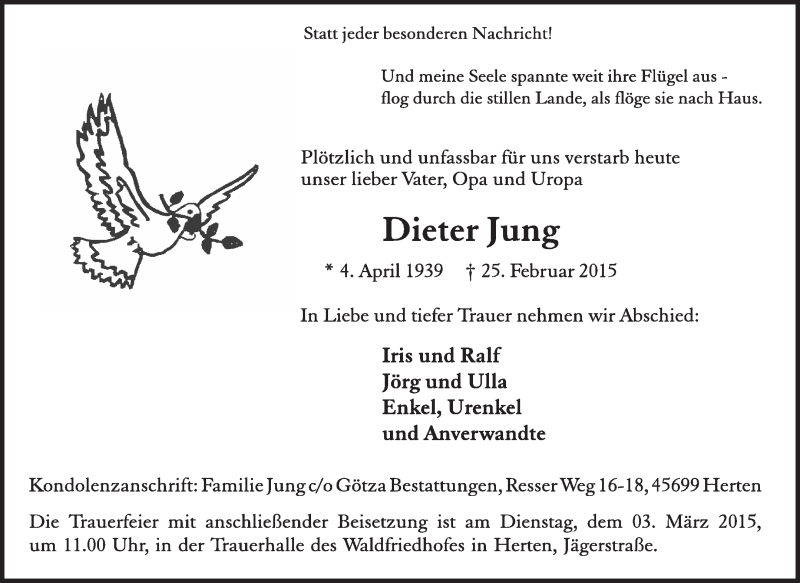  Traueranzeige für Dieter Jung vom 28.02.2015 aus Medienhaus Bauer
