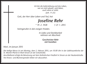 Traueranzeige von Josefine Rehr von Medienhaus Bauer