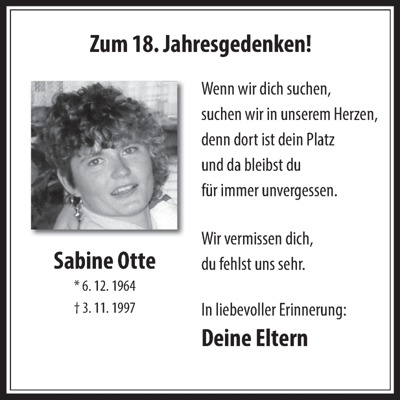  Traueranzeige für Sabine Otte vom 03.11.2015 aus Medienhaus Bauer
