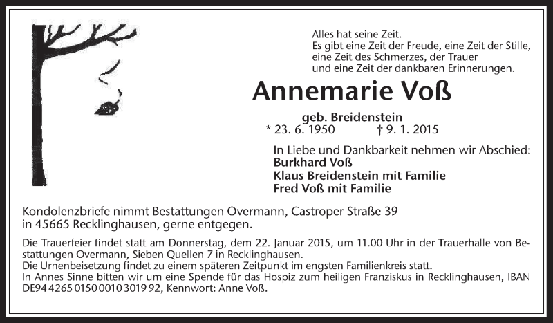  Traueranzeige für Annemarie Voß vom 17.01.2015 aus Medienhaus Bauer