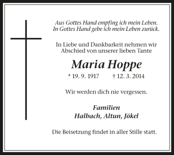 Traueranzeige von Maria Hoppe von Medienhaus Bauer