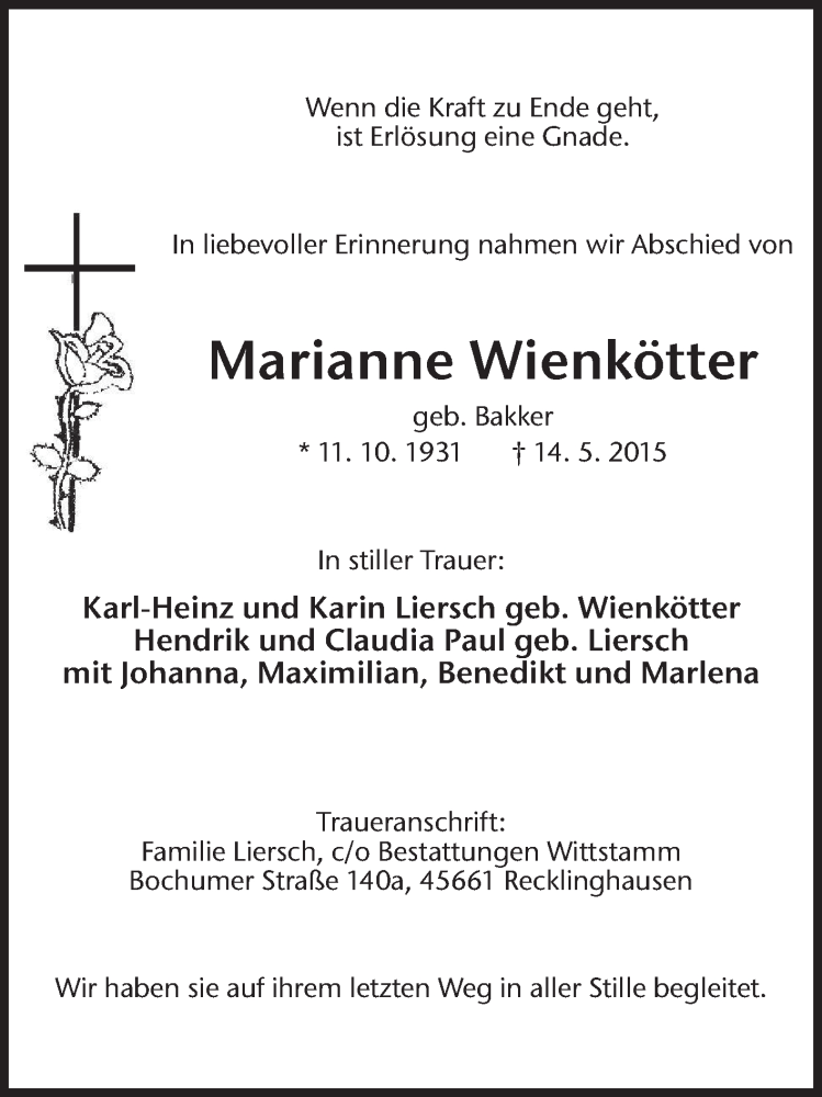  Traueranzeige für Marianne Wienkötter vom 27.05.2015 aus Medienhaus Bauer