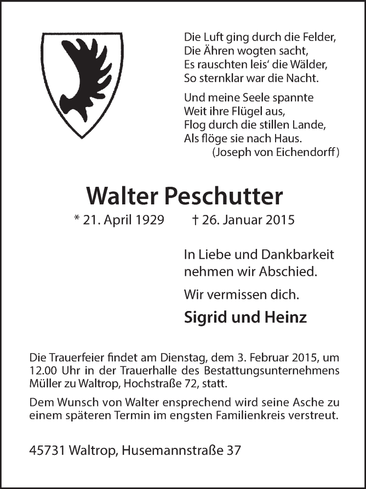  Traueranzeige für Walter Peschutter vom 29.01.2015 aus Medienhaus Bauer