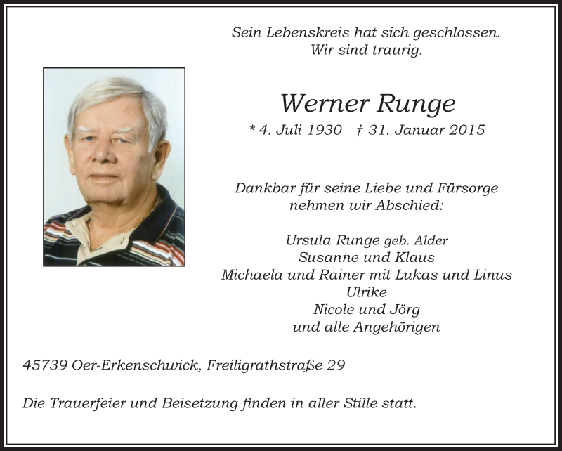 Traueranzeige für Werner Runge vom 04.02.2015 aus Medienhaus Bauer